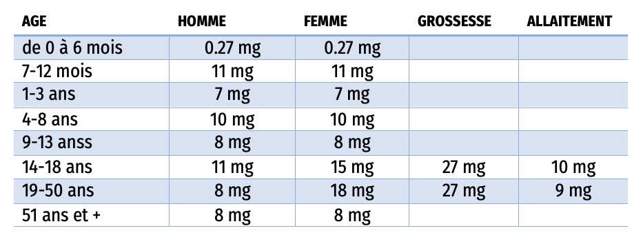 Apports nutritionnels en fer recommandés par jour